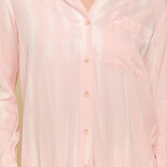 MYSTREE Pink Tie-Dye Button Down Blouse, Long Sleeve Collared Shirt, Casual Chic - Picture 8 of 8